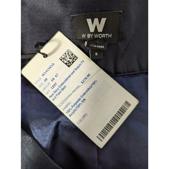 NWT@$278! WORTH! NAVY BLUE SILK W/CIRCULAR EMBROIDERY SEQUIN CENTERS SKIRT! SZ 8