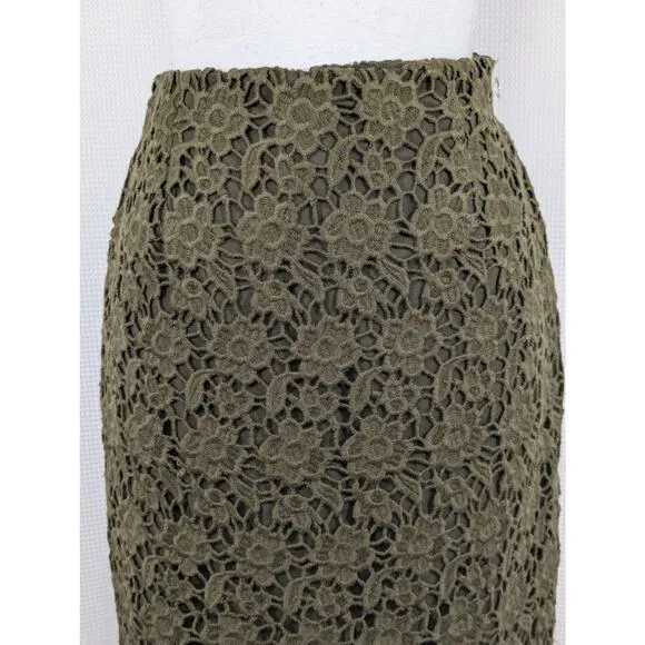 NWT@$398! W BY WORTH! LODEN GREEN MACRAME LACE OVER STRETCH CHIFFON SKIRT! SZ 10