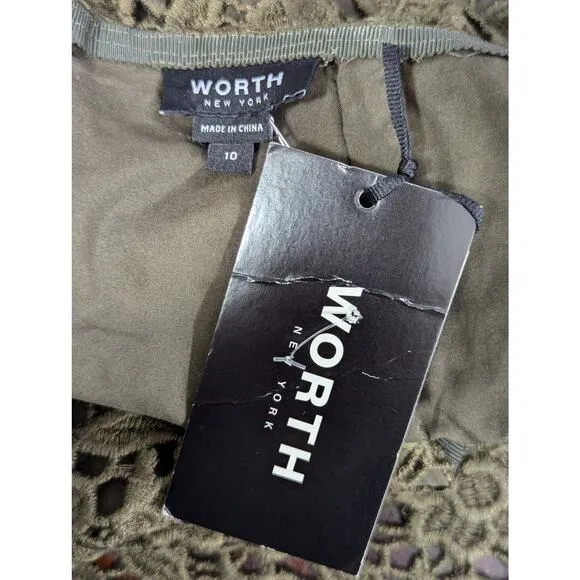 NWT@$398! W BY WORTH! LODEN GREEN MACRAME LACE OVER STRETCH CHIFFON SKIRT! SZ 10