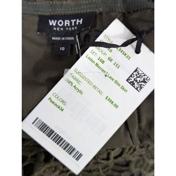 NWT@$398! W BY WORTH! LODEN GREEN MACRAME LACE OVER STRETCH CHIFFON SKIRT! SZ 10