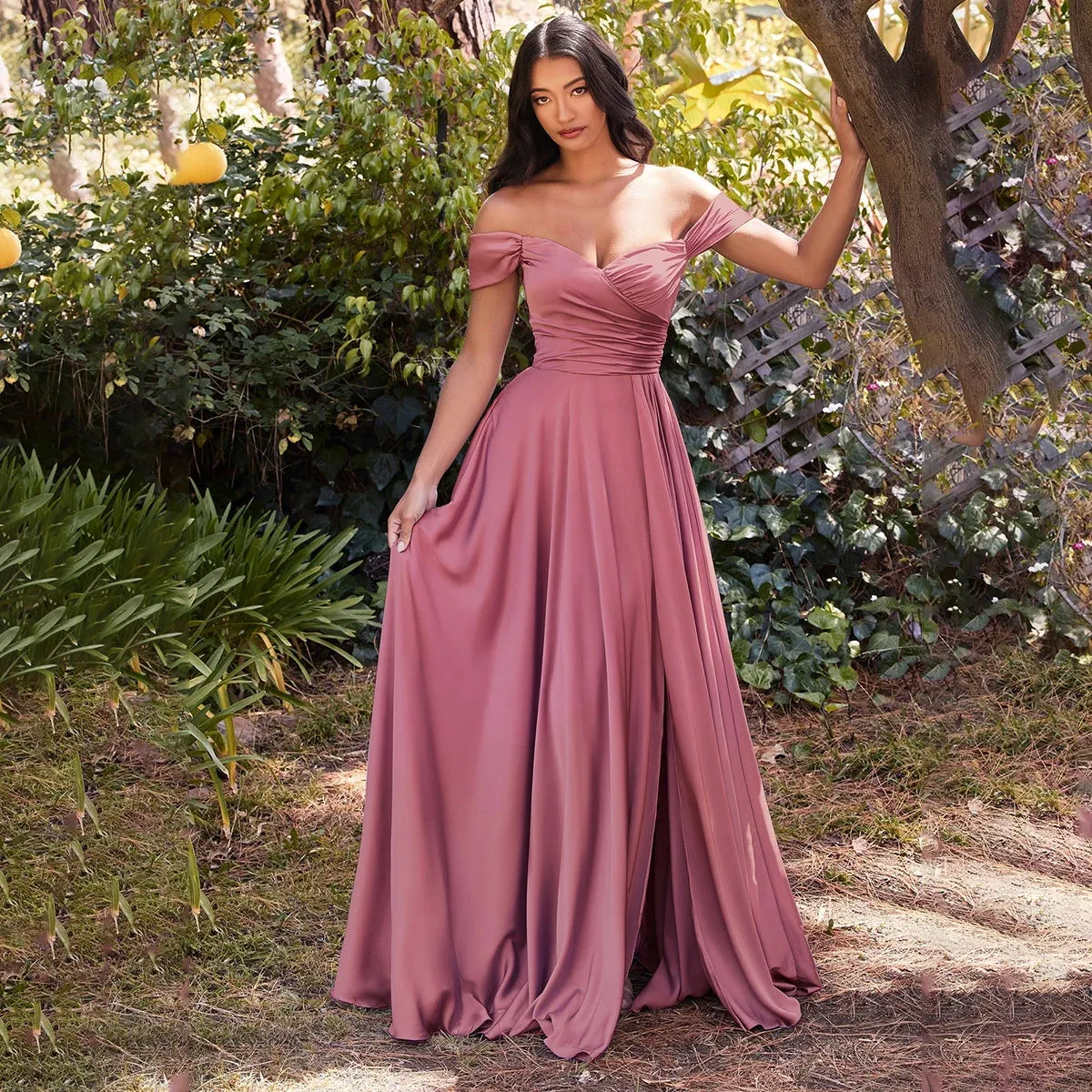 Off Shoulder High Split Special Occasion Dress A Line Long Ruching Bodice