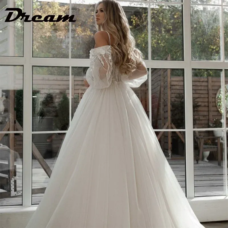 Off Shoulder Lace Glitter Tulle Wedding Dresses Long Puff Sleeve 3D Flowers