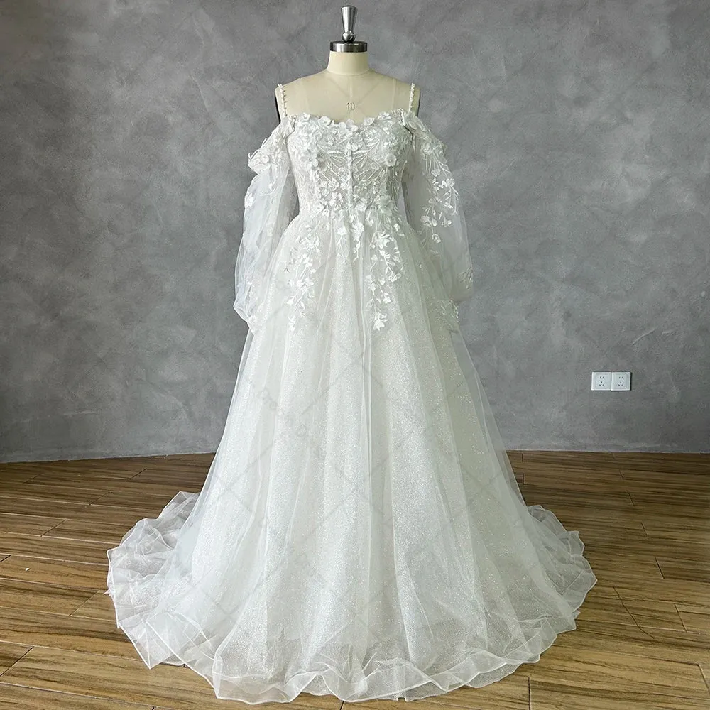 Off Shoulder Lace Glitter Tulle Wedding Dresses Long Puff Sleeve 3D Flowers