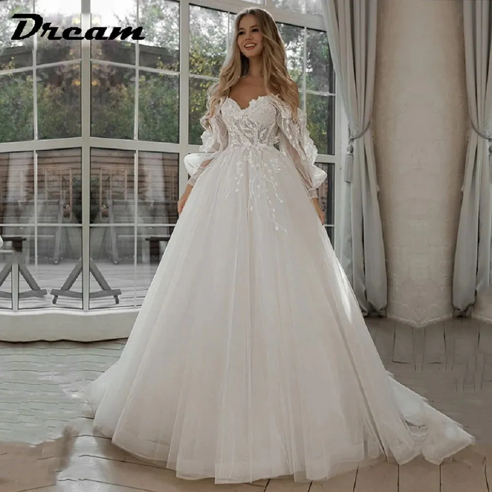 Off Shoulder Lace Glitter Tulle Wedding Dresses Long Puff Sleeve 3D Flowers
