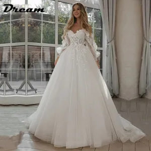 Off Shoulder Lace Glitter Tulle Wedding Dresses Long Puff Sleeve 3D Flowers