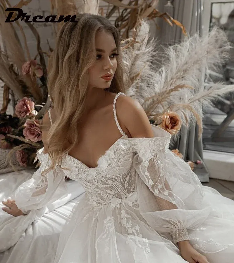 Off Shoulder Lace Glitter Tulle Wedding Dresses Long Puff Sleeve 3D Flowers