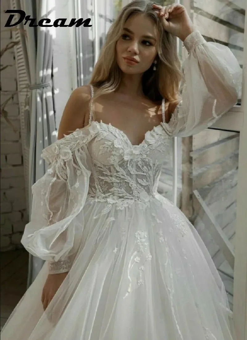 Off Shoulder Lace Glitter Tulle Wedding Dresses Long Puff Sleeve 3D Flowers
