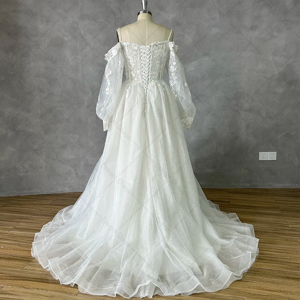 Off Shoulder Lace Glitter Tulle Wedding Dresses Long Puff Sleeve 3D Flowers