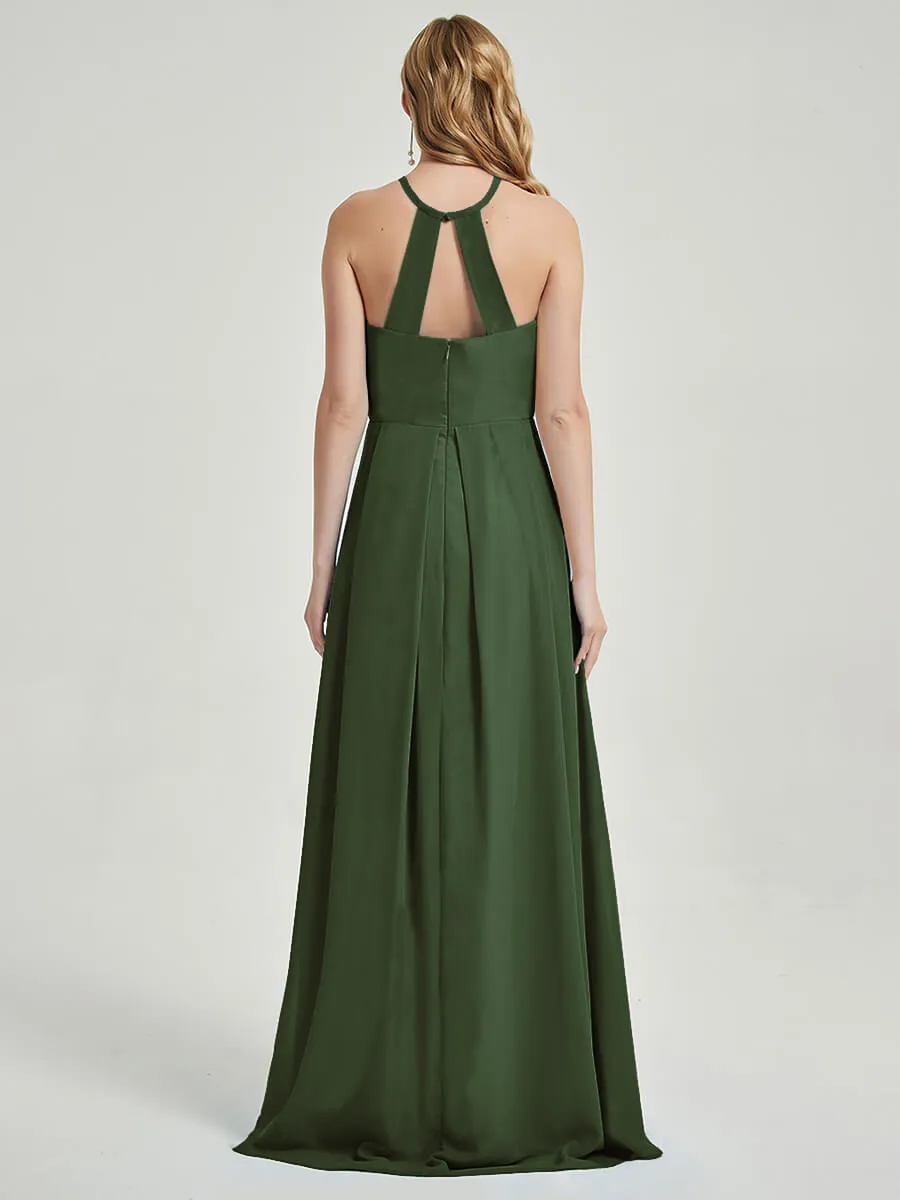 Olive Halter Sleeveless Empire Pleated Backless Chiffon Bridesmaid Dress