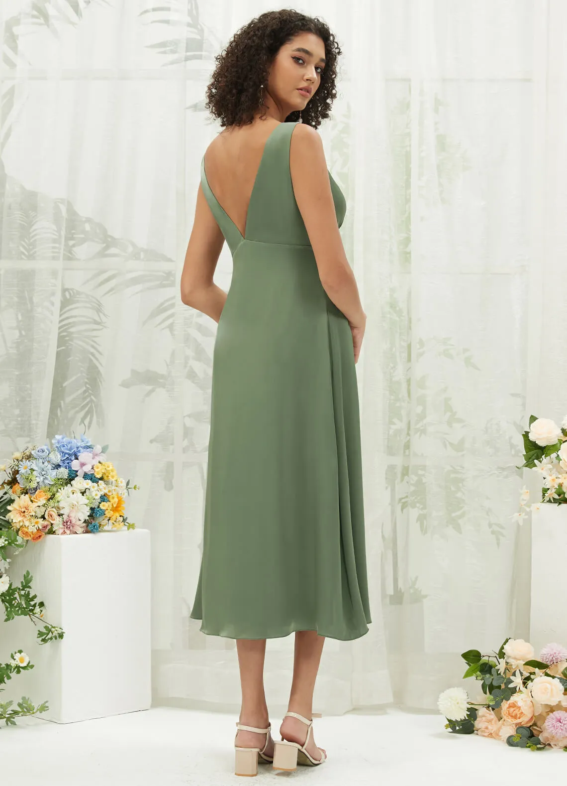 Olive V-Neck Detachable Bow Straps V-Neck Silk Satin Convertible Bridesmaid Dress Tea Length