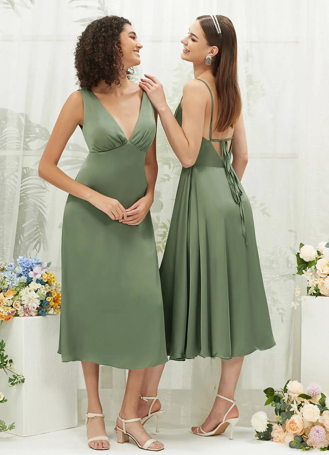 Olive V-Neck Detachable Bow Straps V-Neck Silk Satin Convertible Bridesmaid Dress Tea Length