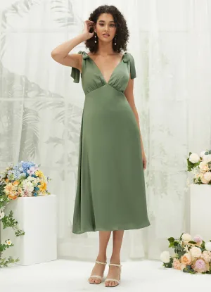 Olive V-Neck Detachable Bow Straps V-Neck Silk Satin Convertible Bridesmaid Dress Tea Length