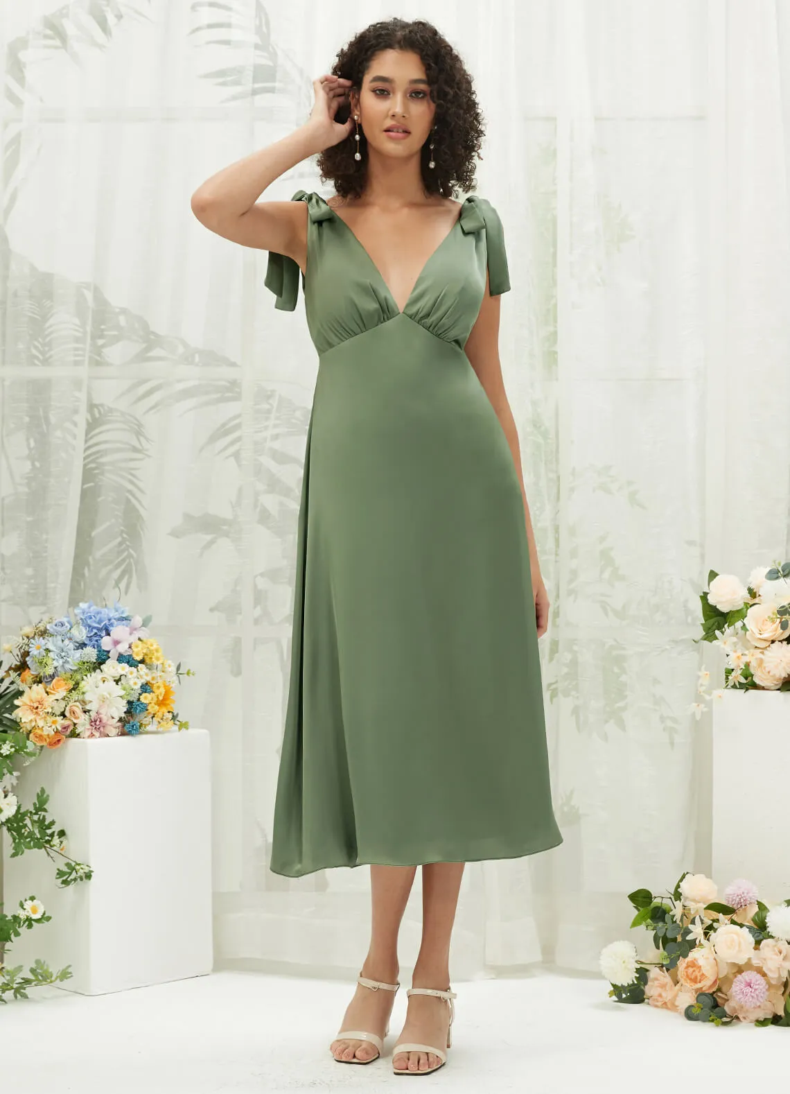 Olive V-Neck Detachable Bow Straps V-Neck Silk Satin Convertible Bridesmaid Dress Tea Length