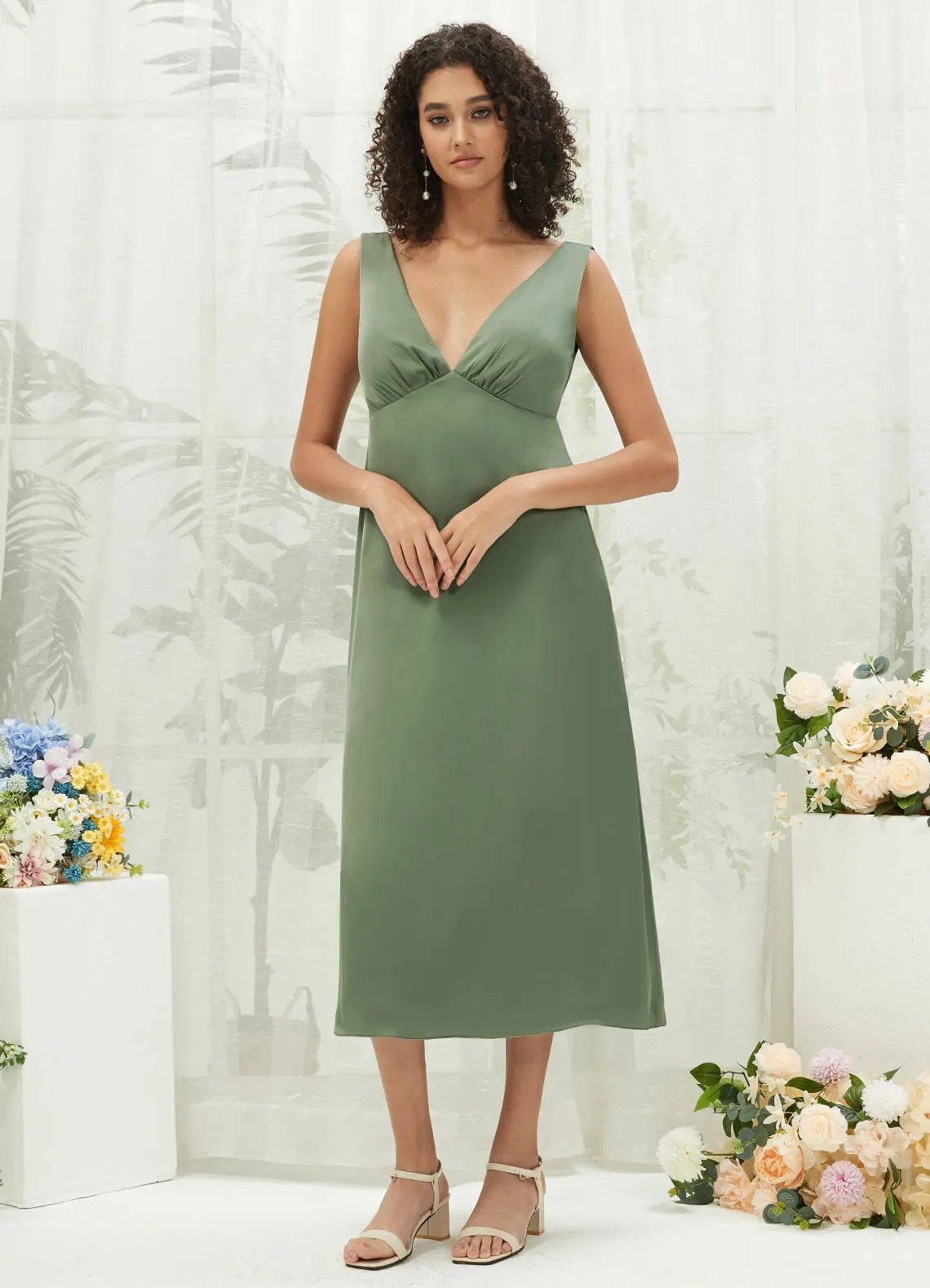 Olive V-Neck Detachable Bow Straps V-Neck Silk Satin Convertible Bridesmaid Dress Tea Length
