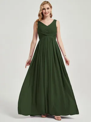 Olive V-Neck Empire Sleeveless Pleated Chiffon Maxi Bridesmaid Dress