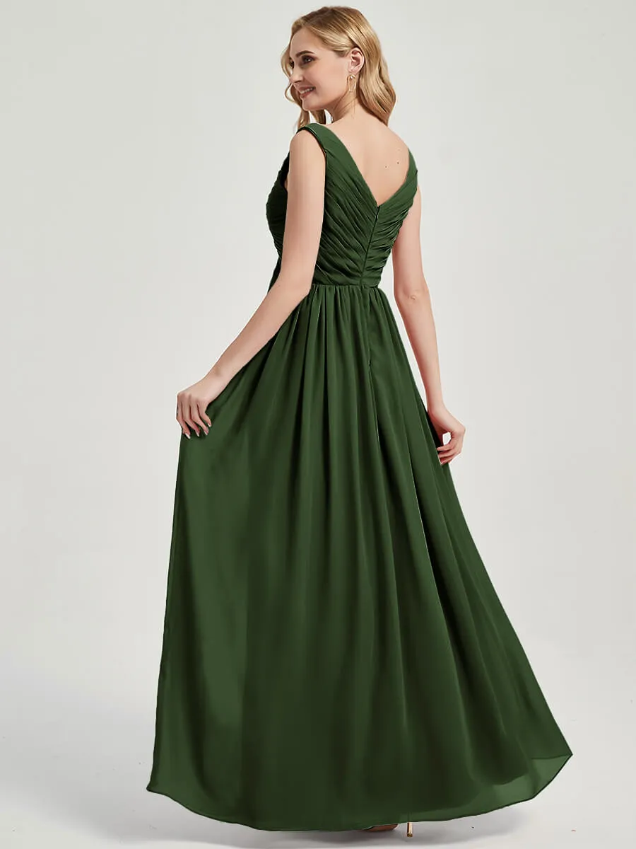 Olive V-Neck Empire Sleeveless Pleated Chiffon Maxi Bridesmaid Dress