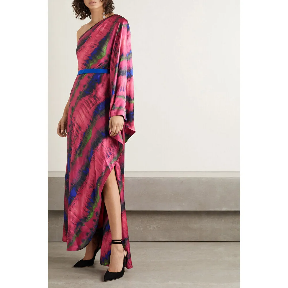 One-Shoulder Draped Tie-Dyed Silk-Satin Maxi Dress