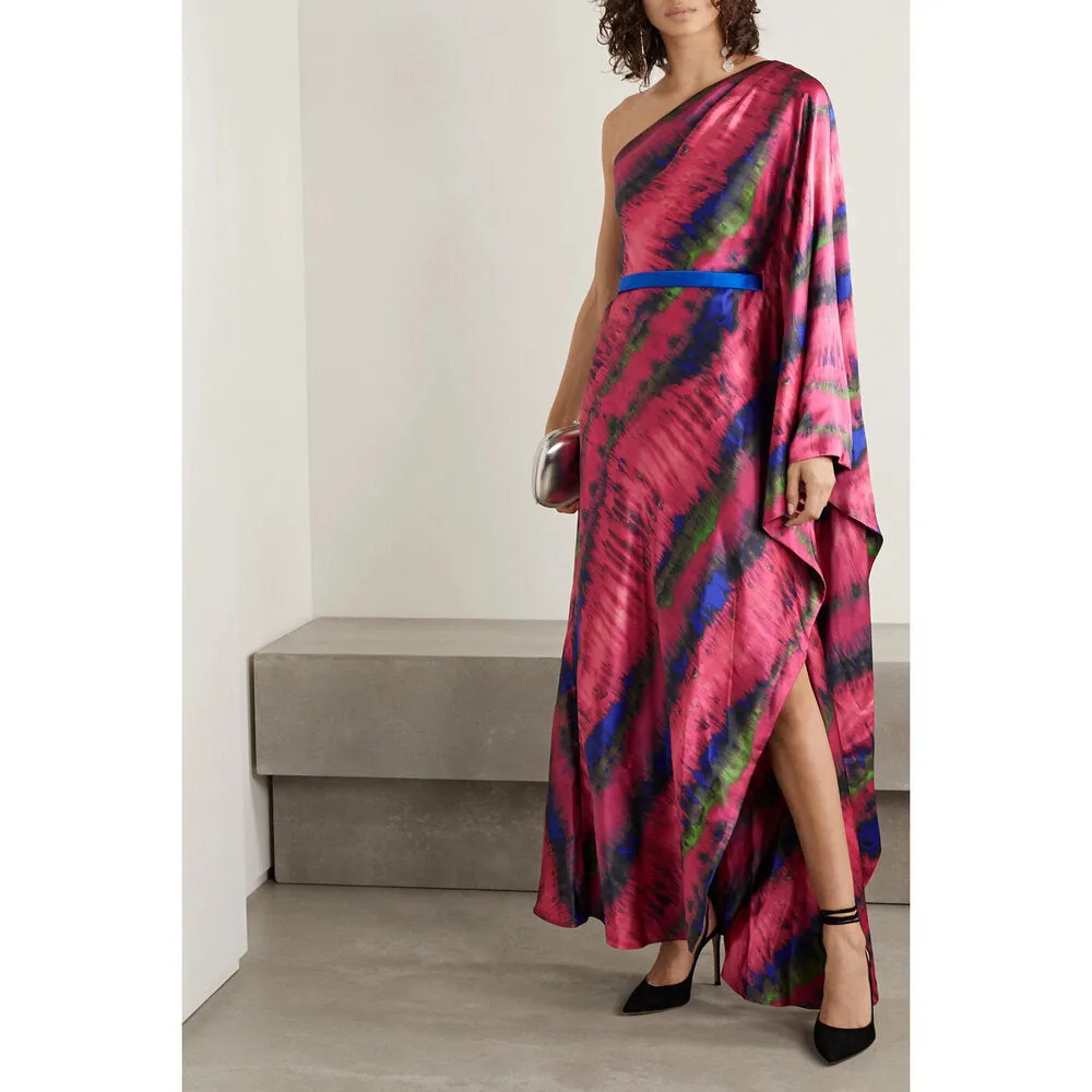 One-Shoulder Draped Tie-Dyed Silk-Satin Maxi Dress