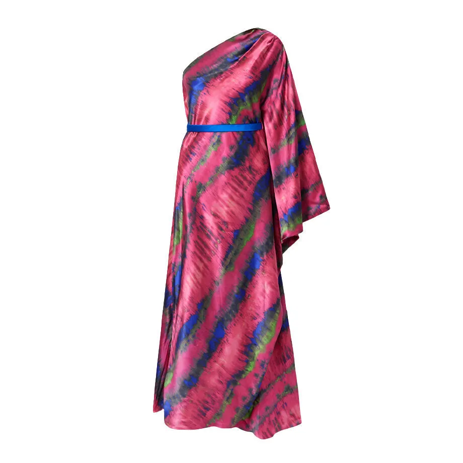 One-Shoulder Draped Tie-Dyed Silk-Satin Maxi Dress