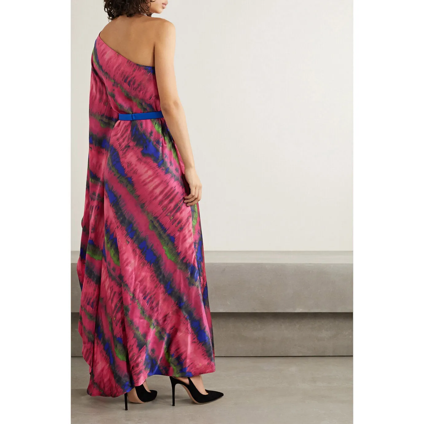 One-Shoulder Draped Tie-Dyed Silk-Satin Maxi Dress