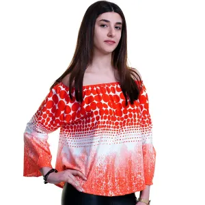 Orange & White Long Sleeve Off the Shoulder Blouse for Women - Going Out Tops for Ladies