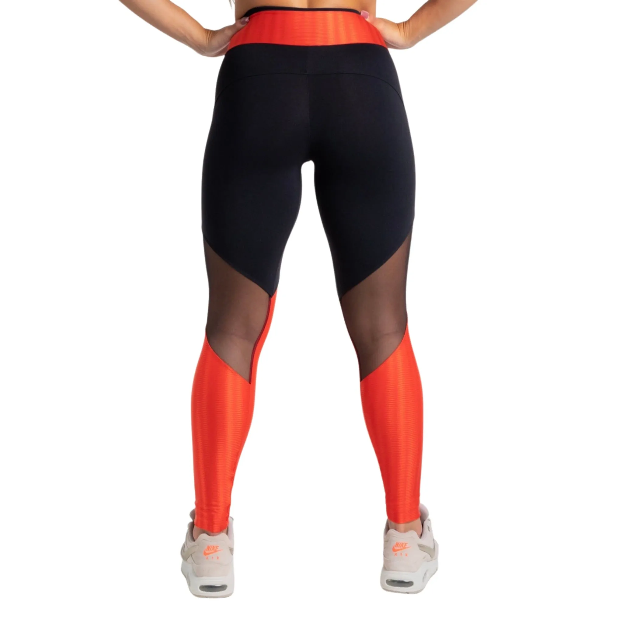 Orange-Black Mesh Panel High-Waisted Leggings – Stylish, Supportive, Activewear