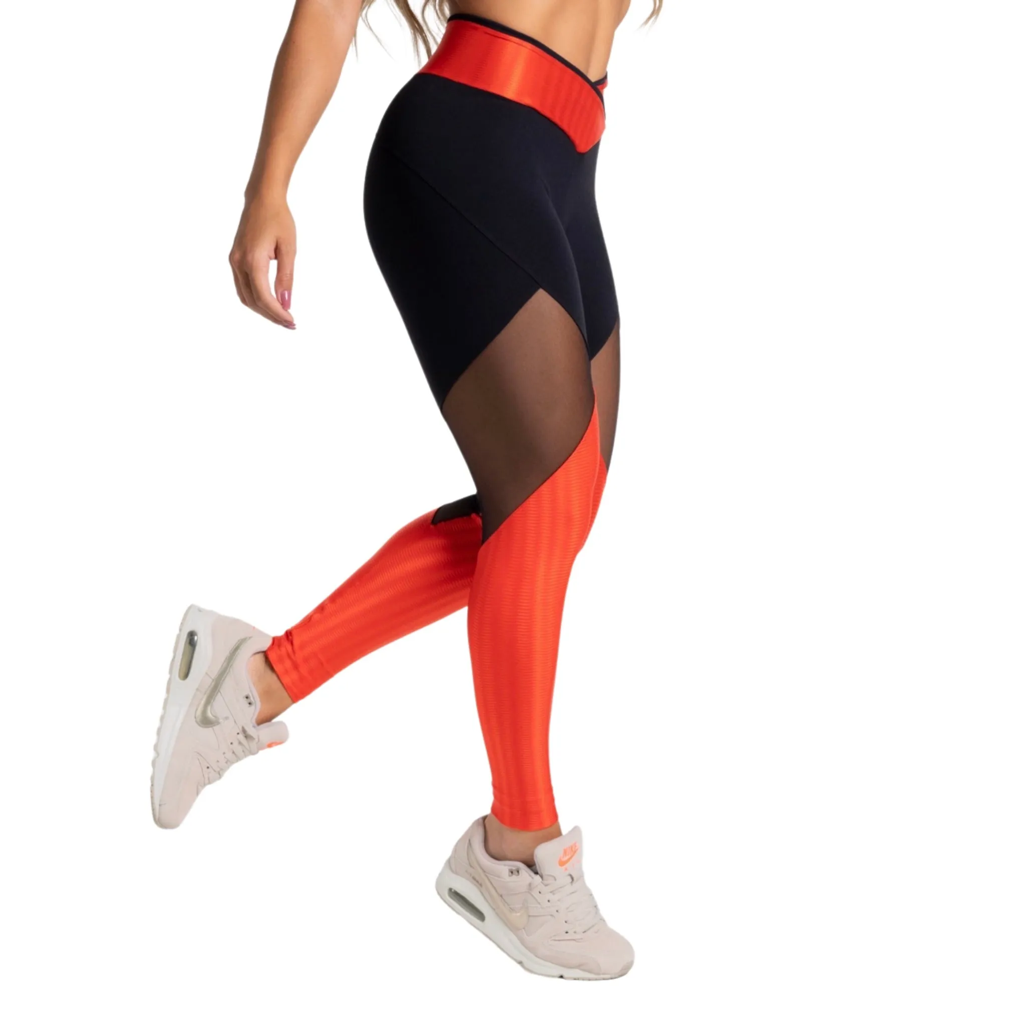 Orange-Black Mesh Panel High-Waisted Leggings – Stylish, Supportive, Activewear