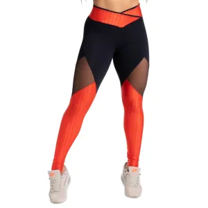 Orange-Black Mesh Panel High-Waisted Leggings – Stylish, Supportive, Activewear