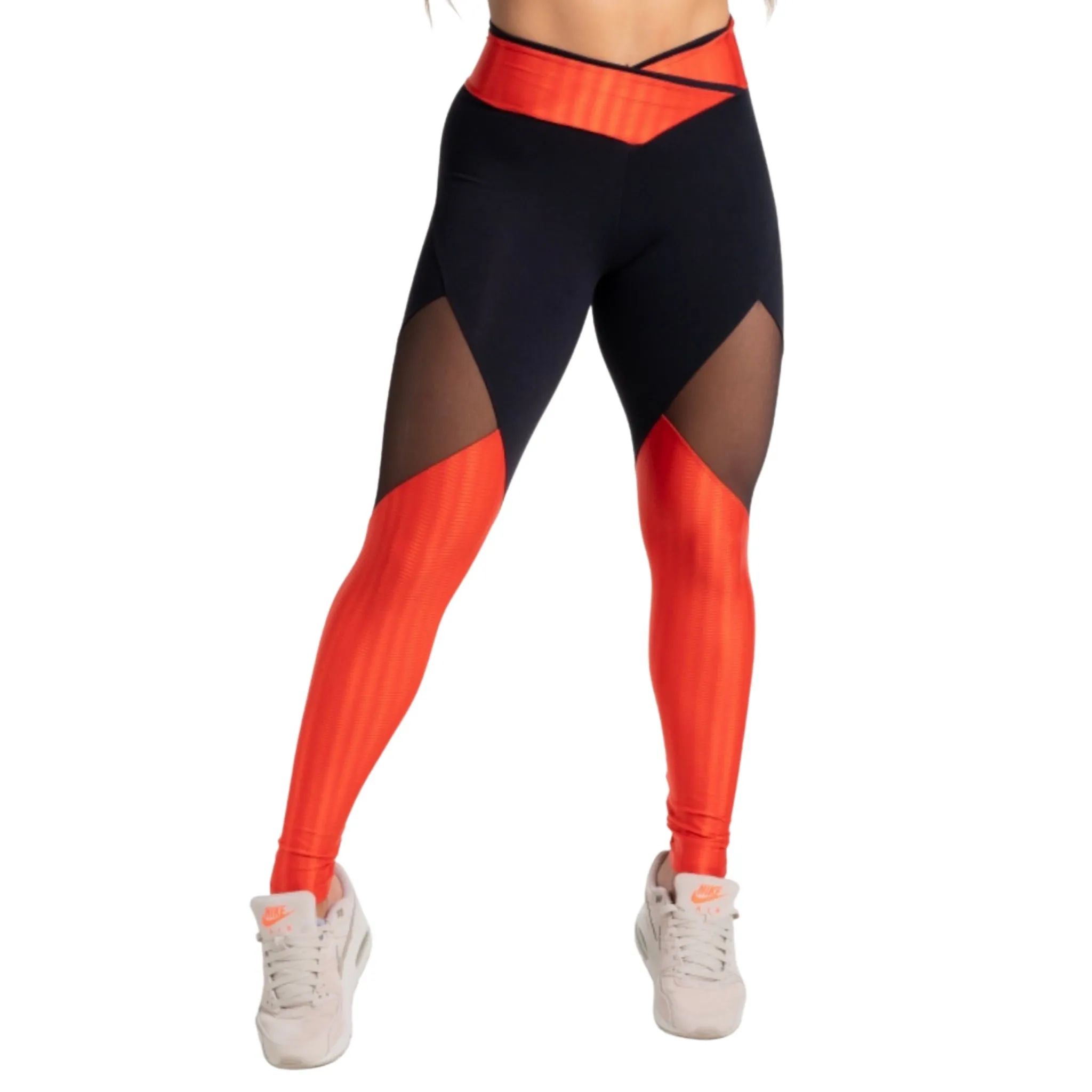 Orange-Black Mesh Panel High-Waisted Leggings – Stylish, Supportive, Activewear