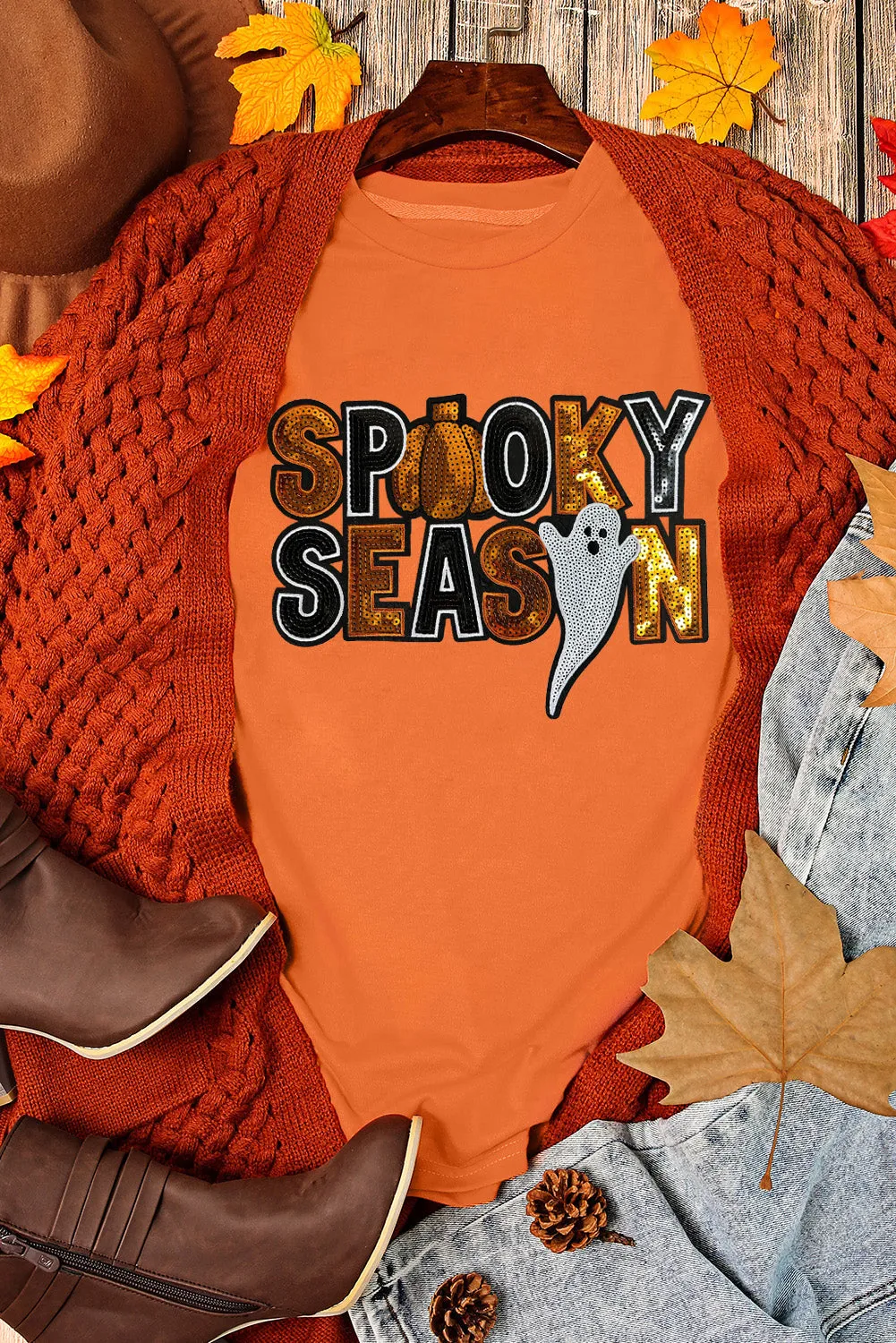 Orange Sequin SPOOKY SEASON Ghost Pattern Halloween T Shirt