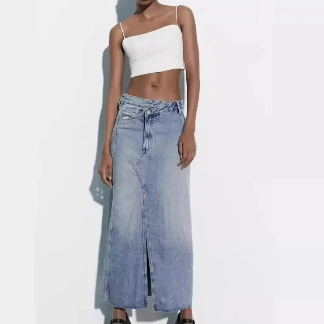Over Knee Denim Casual Midi Skirt