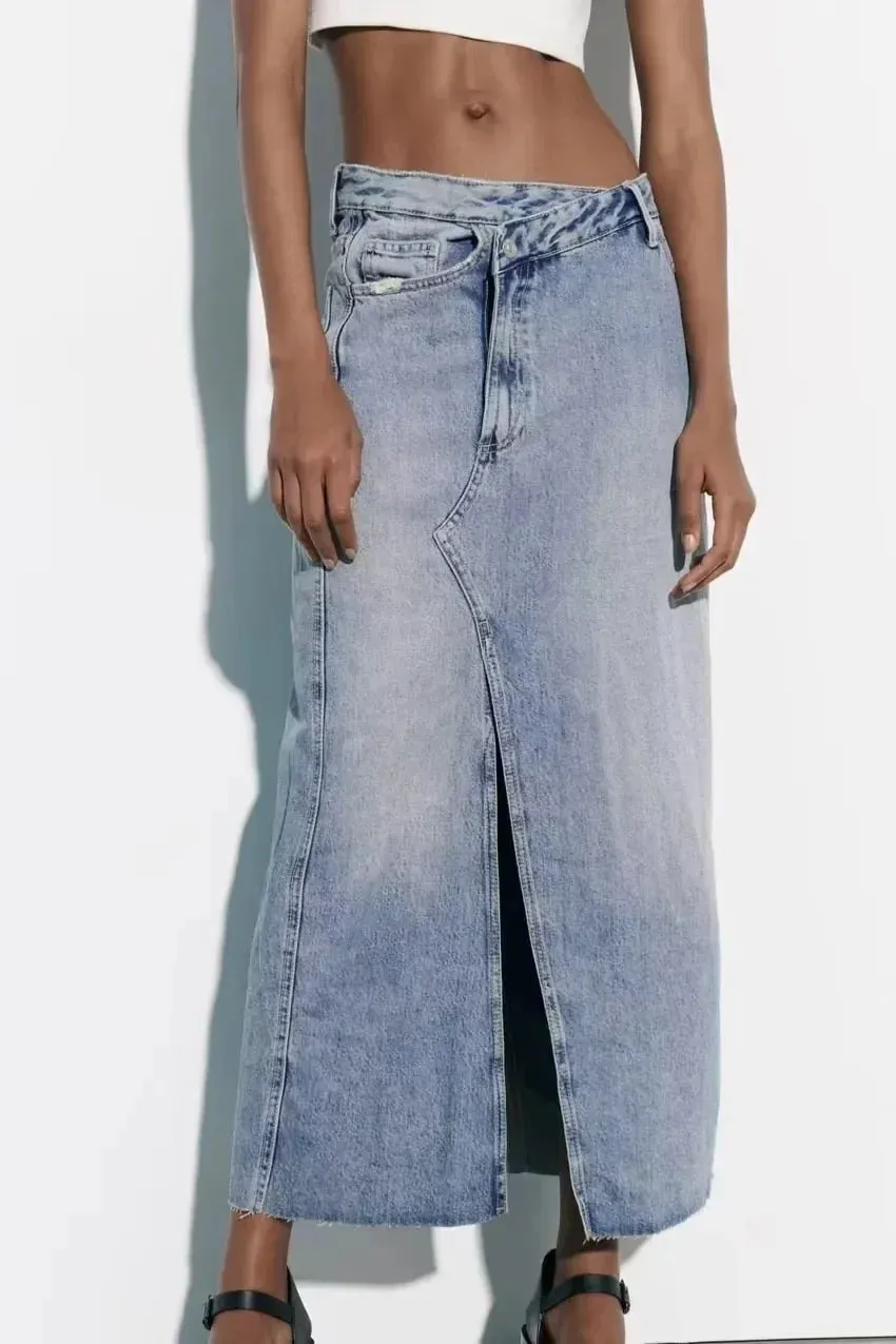 Over Knee Denim Casual Midi Skirt