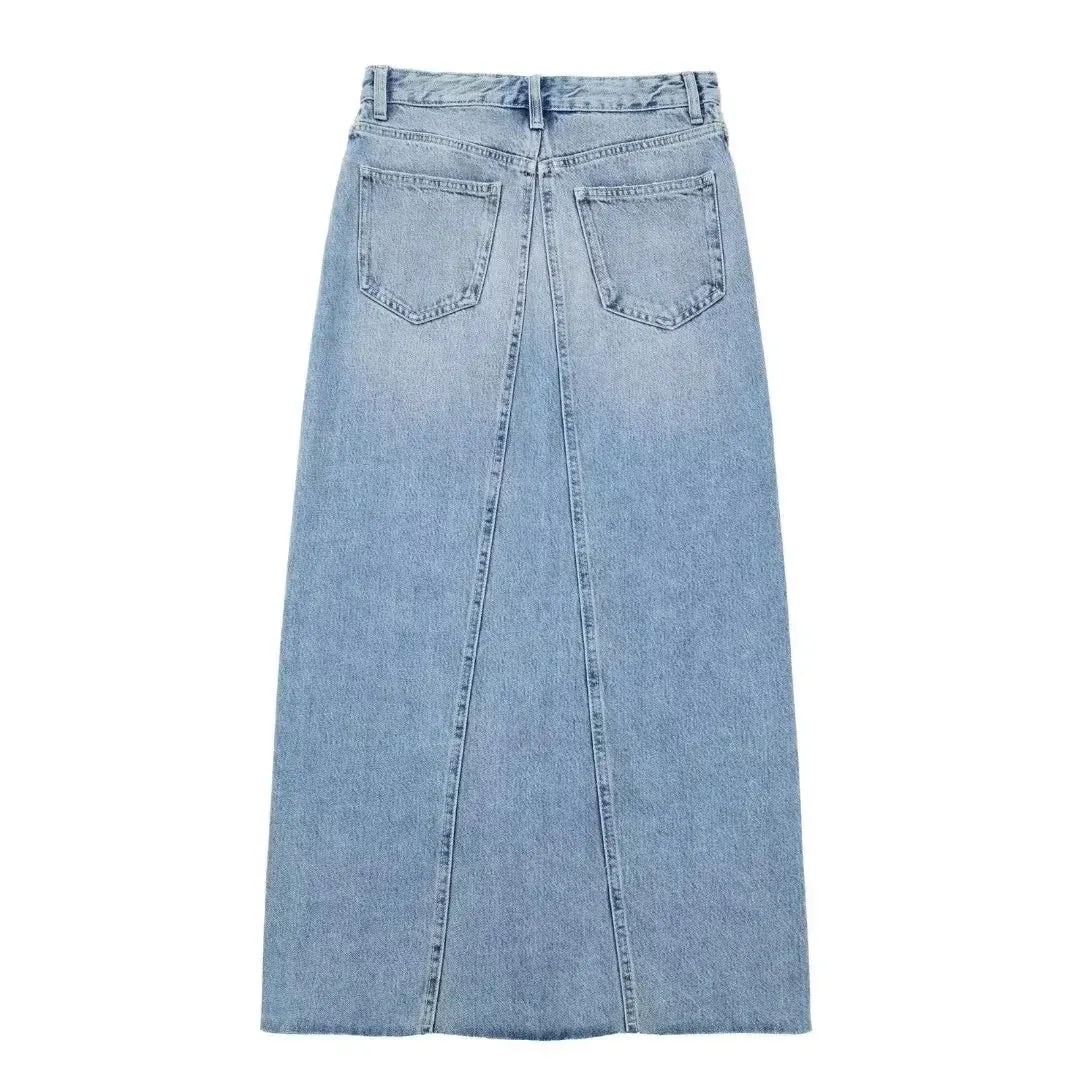 Over Knee Denim Casual Midi Skirt