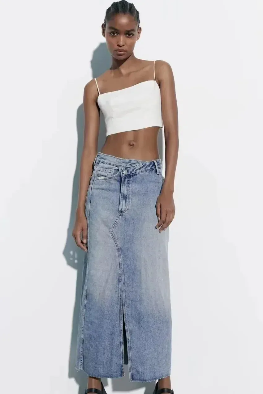 Over Knee Denim Casual Midi Skirt