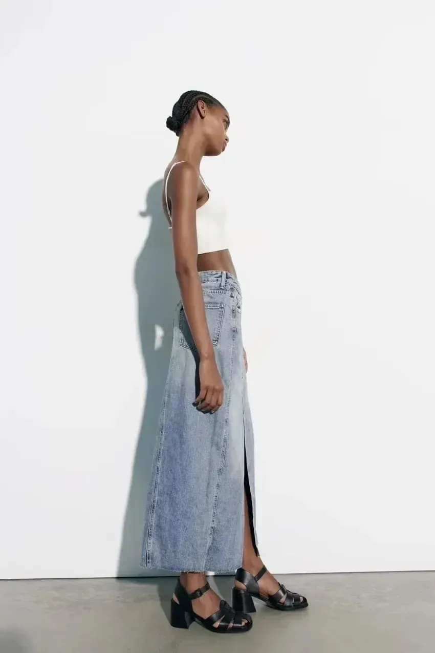 Over Knee Denim Casual Midi Skirt