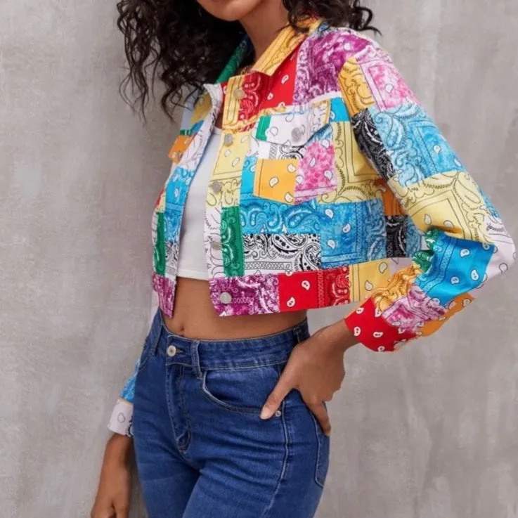 Paisley Partchwork Flap Pocket Crop Jacket