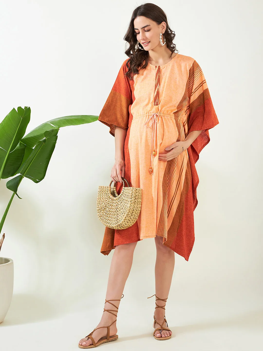 Peach Handloom Cotton Maternity and Feeding Kaftan