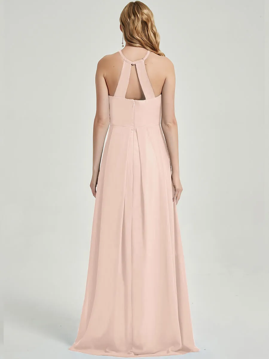 Pearl Pink Halter Empire Pleated Backless Chiffon Maxi Bridesmaid Dress