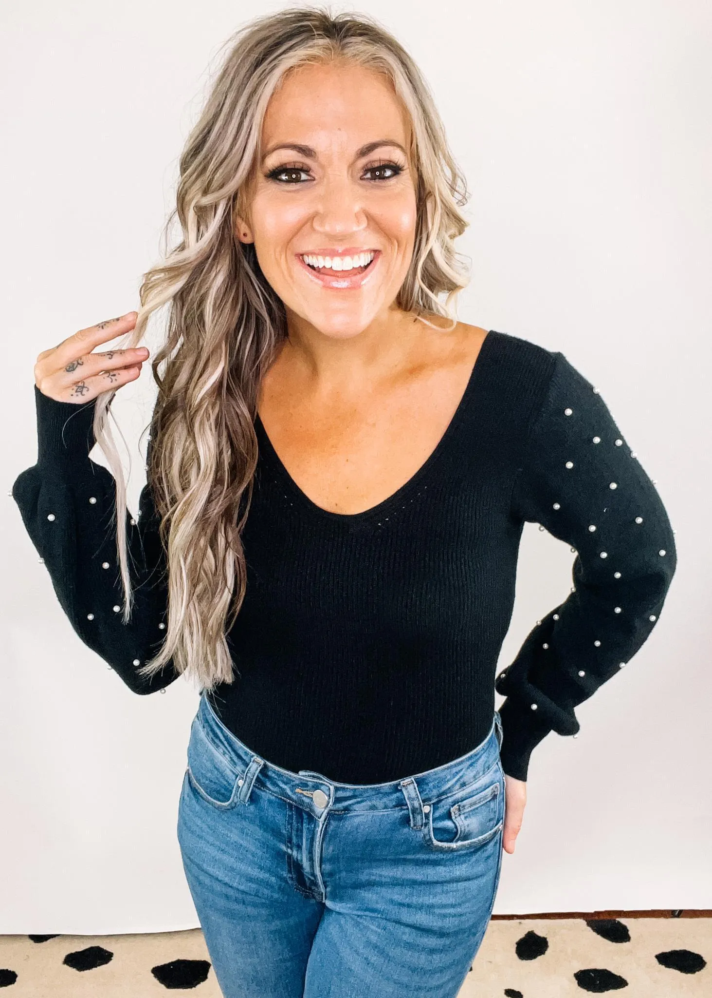 Pearl Sleeve Black Knit Bodysuit