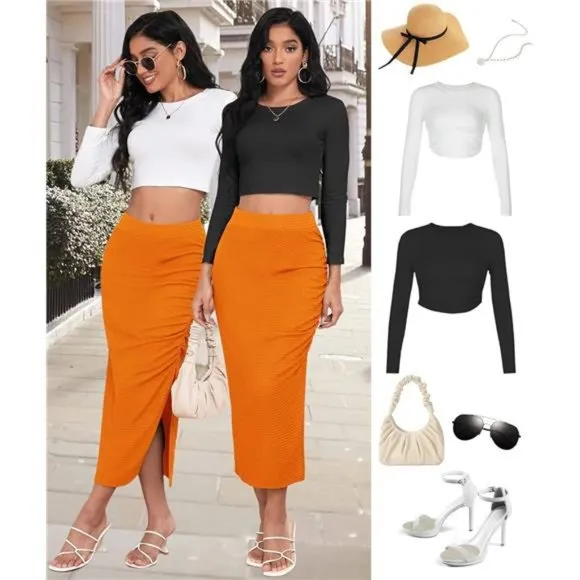 Pencil Midi Skirt for Women Orange