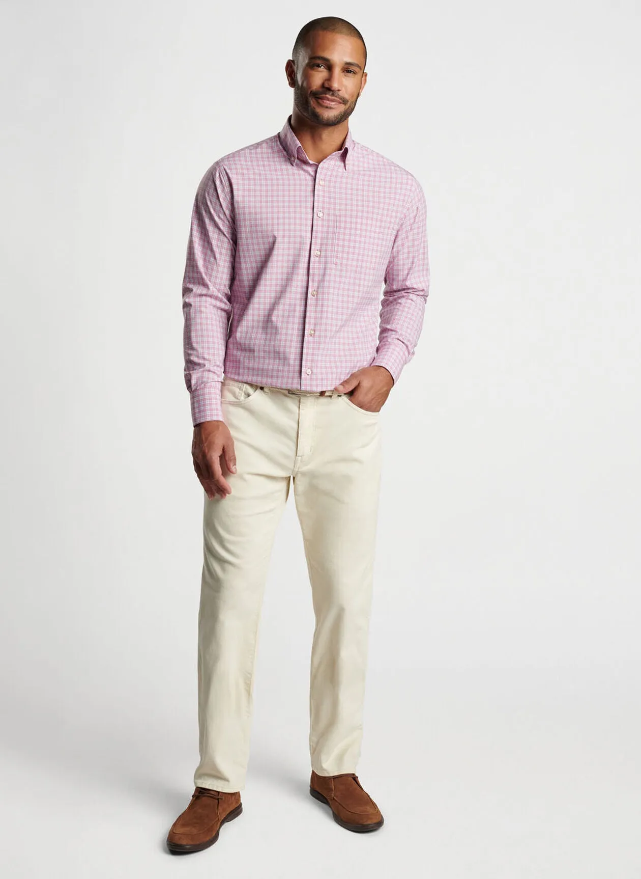 Peter Millar Mens Classic Fit Collingwood Performance Poplin Sport Shirt - ROSEWOOD