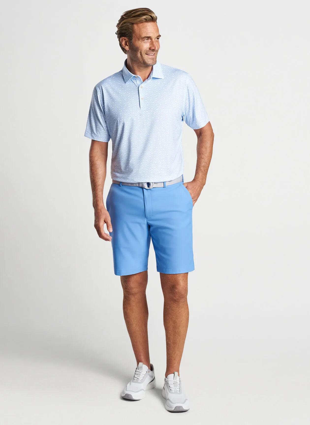 Peter Millar Mens Classic Fit Corkscrew Print Performance Jersey Polo - WHITE/BLUE