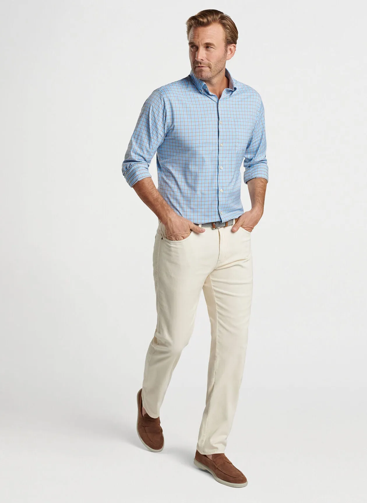 Peter Millar Mens Classic Fit Rivers Performance Twill Sport Shirt - COTTAGE BLUE
