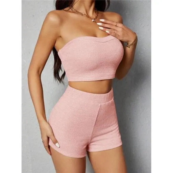 PETITE Ladies&quot; Fashion Solid Color Tube Top And Shorts Set