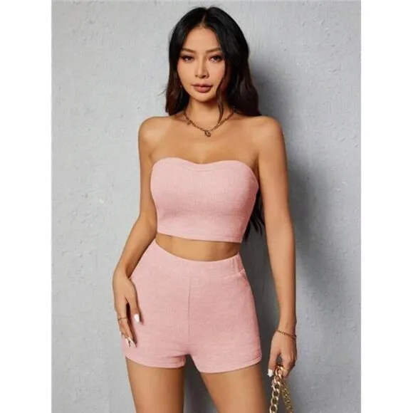 PETITE Ladies&quot; Fashion Solid Color Tube Top And Shorts Set