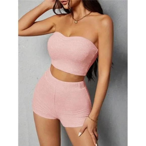 PETITE Ladies&quot; Fashion Solid Color Tube Top And Shorts Set
