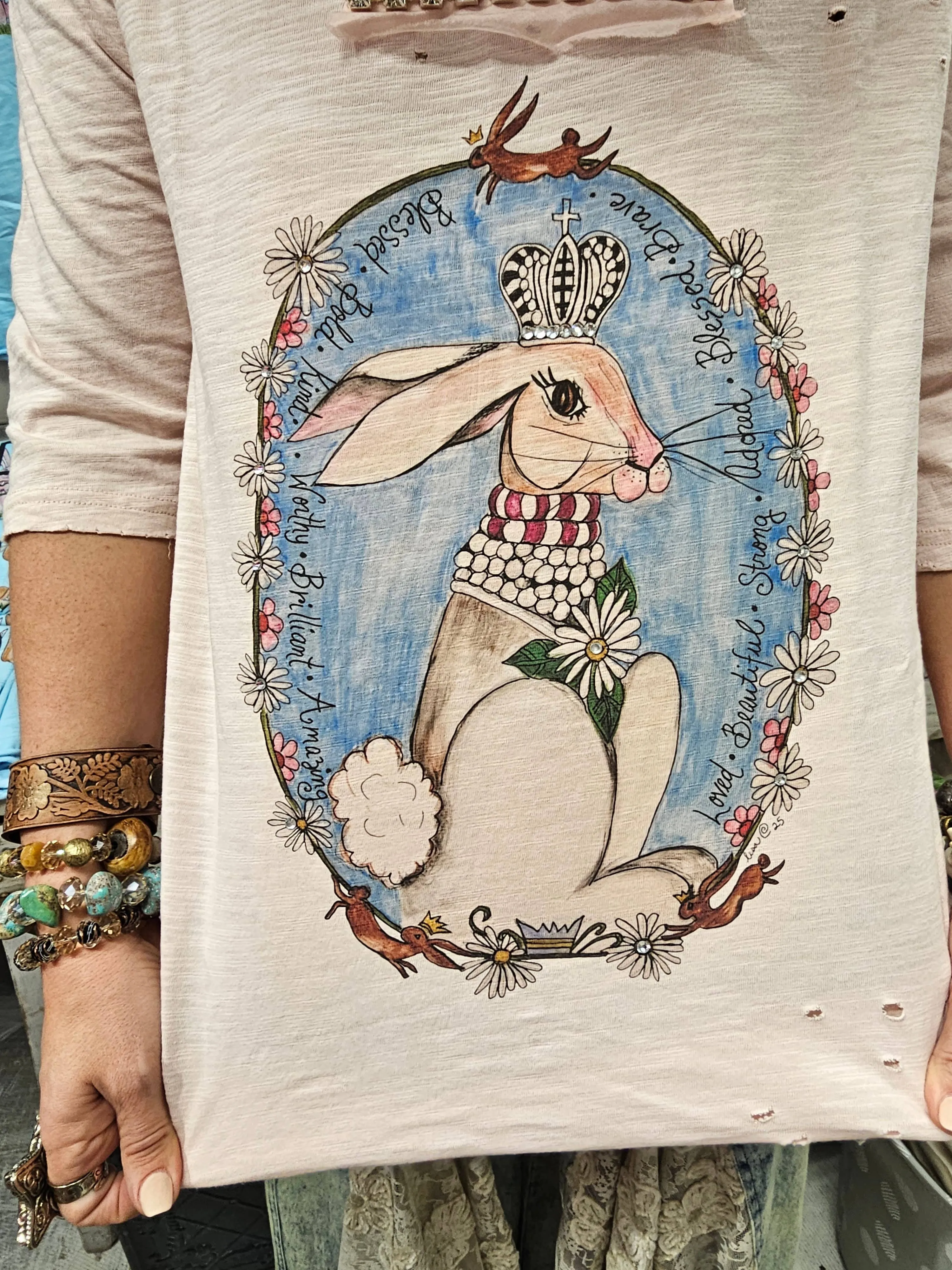 Pink Kindness Bunny 3/4 Sleeve Distressed Rare Bird Shirt