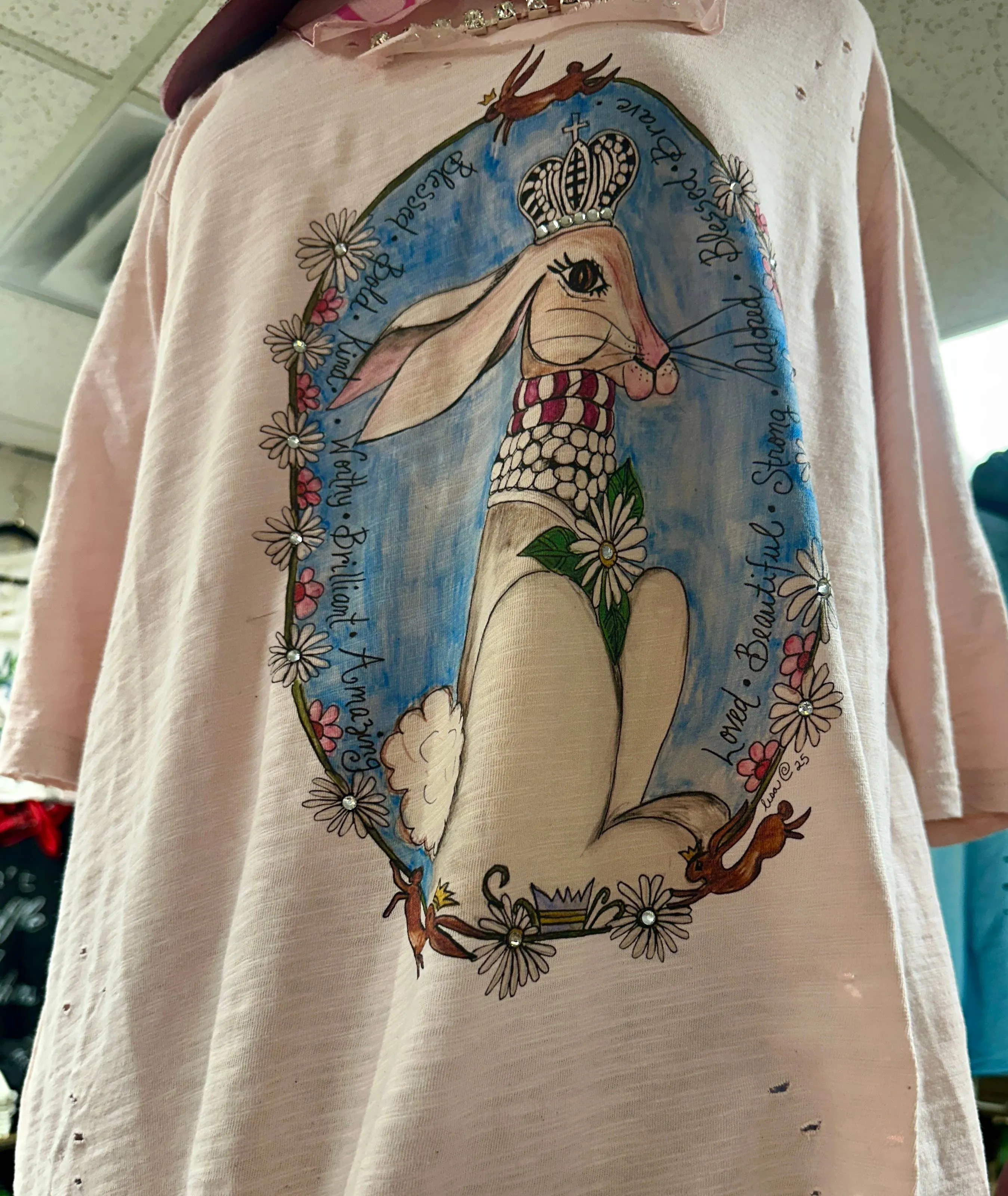 Pink Kindness Bunny 3/4 Sleeve Distressed Rare Bird Shirt