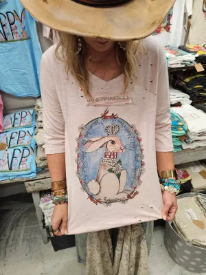Pink Kindness Bunny 3/4 Sleeve Distressed Rare Bird Shirt