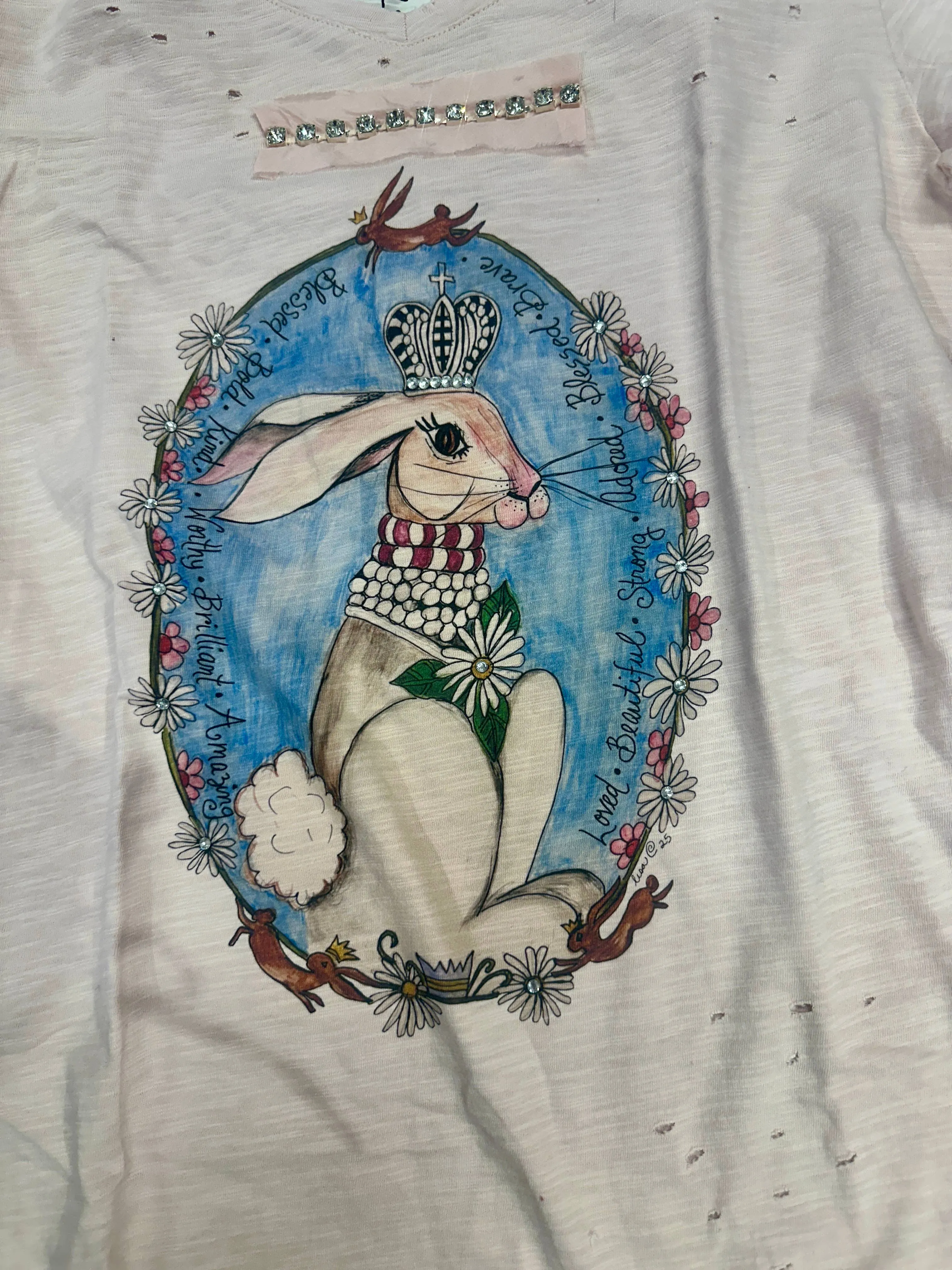 Pink Kindness Bunny 3/4 Sleeve Distressed Rare Bird Shirt